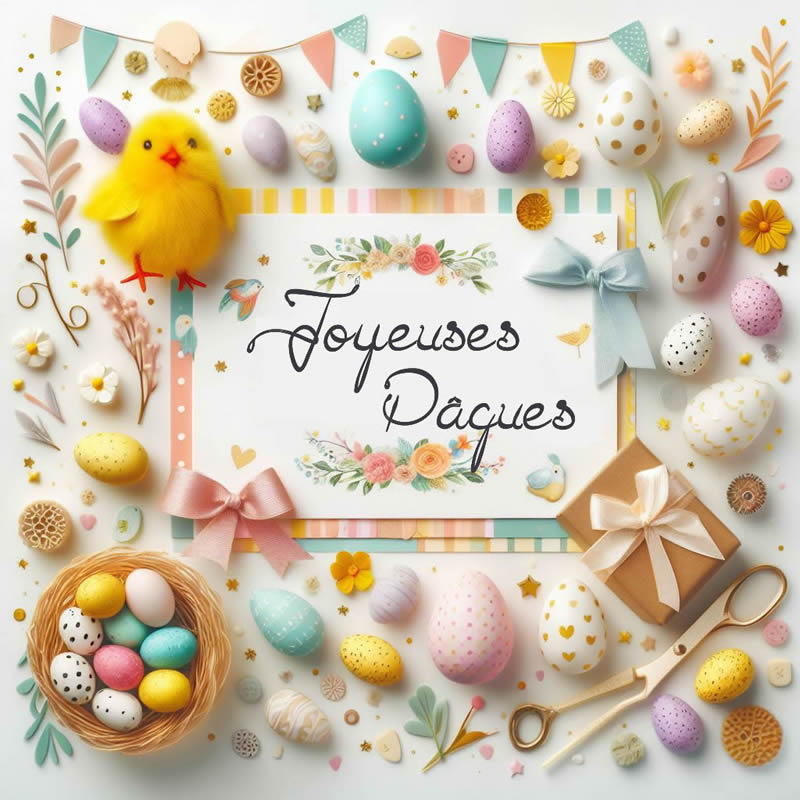 Image avec de nombreuses décorations de Pâques, œufs colorés et décorées de poussins