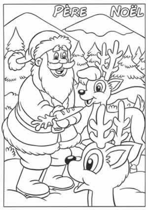 Coloriage Père Noël avec ses rennes
