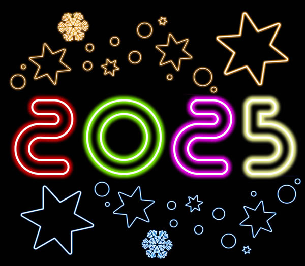 Image 2025 multicolore comme des néons, des étoiles et des flocons de neige colorés