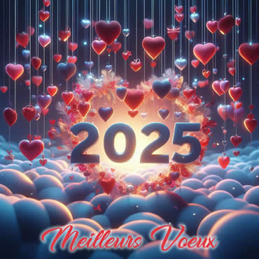 image avec le numéro 2025 avec des coeurs colorés suspendus