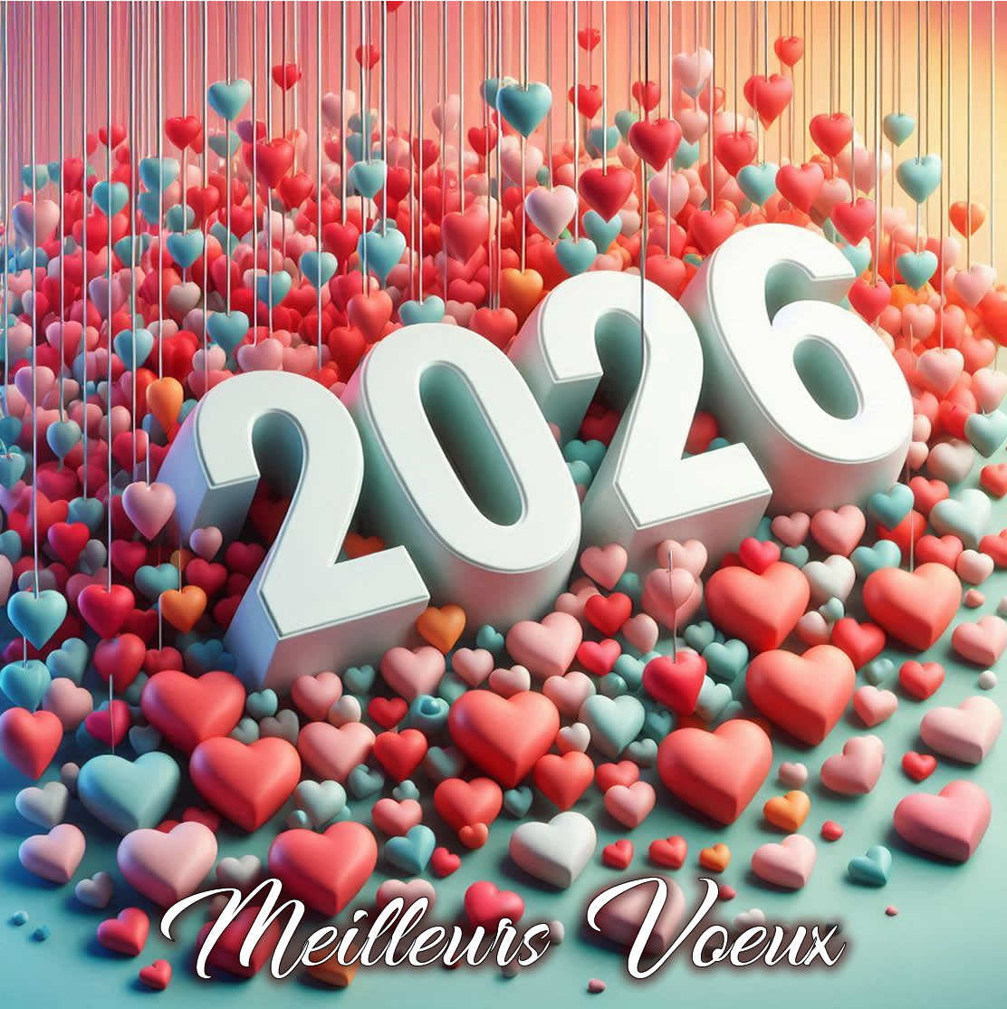 Carte de voeux 2026 avec coeurs suspendus multicolores