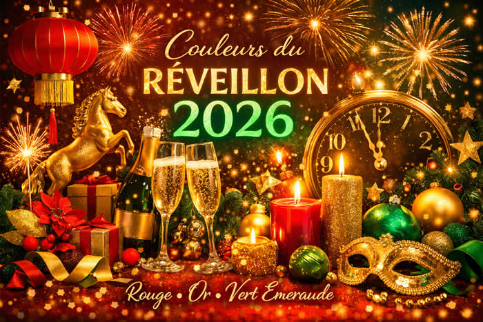 Réveillon 2027 : couleurs porte-bonheur du Cheval de Feu avec décor festif, champagne et feu d’artifice