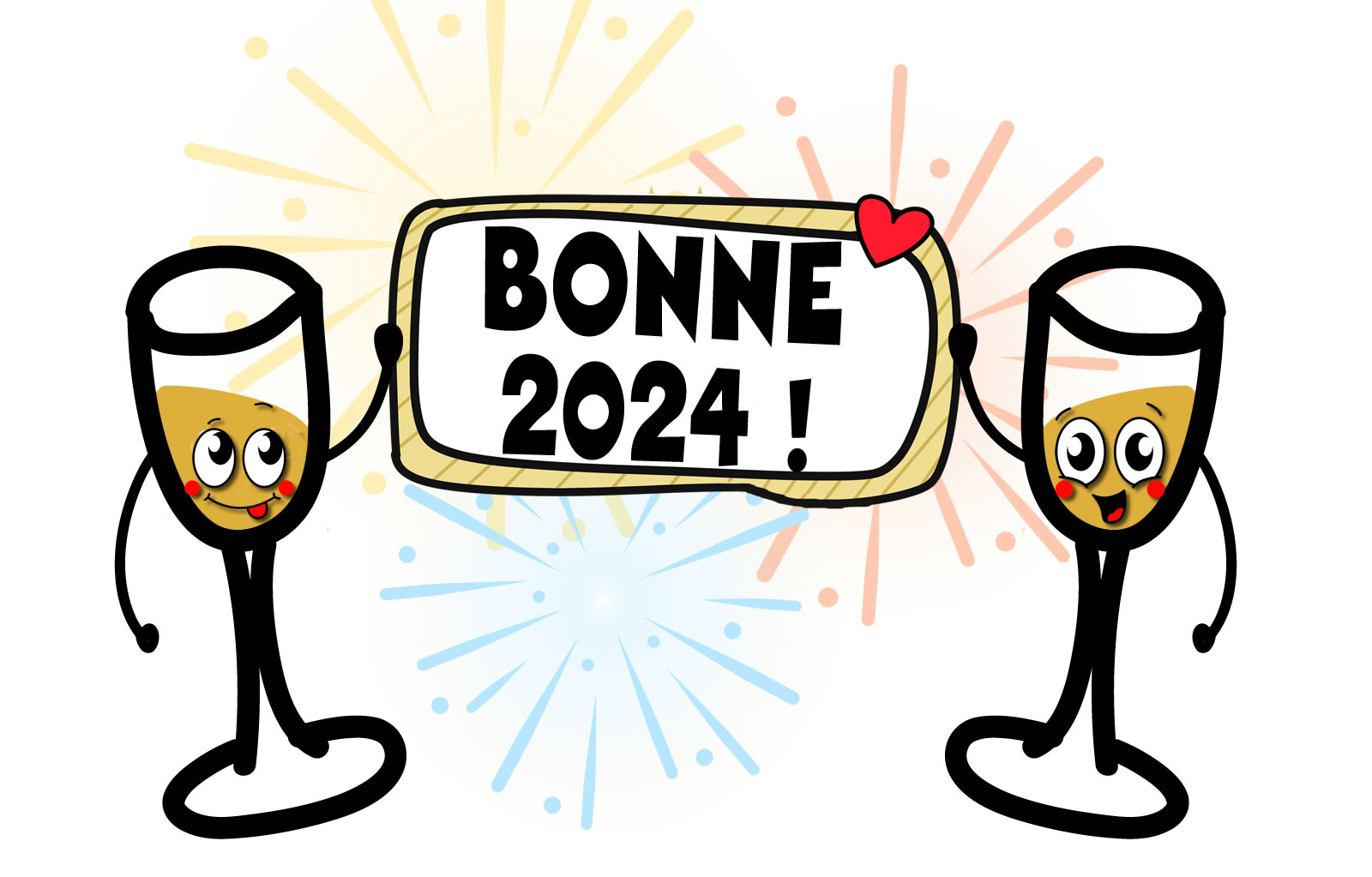 Image amusante avec deux verres pleins de champagne portant une pancarte avec les mots Bonne 2025