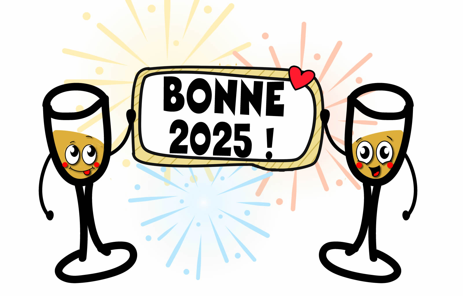 Image amusante avec deux verres pleins de champagne portant une pancarte avec les mots Bonne 2025