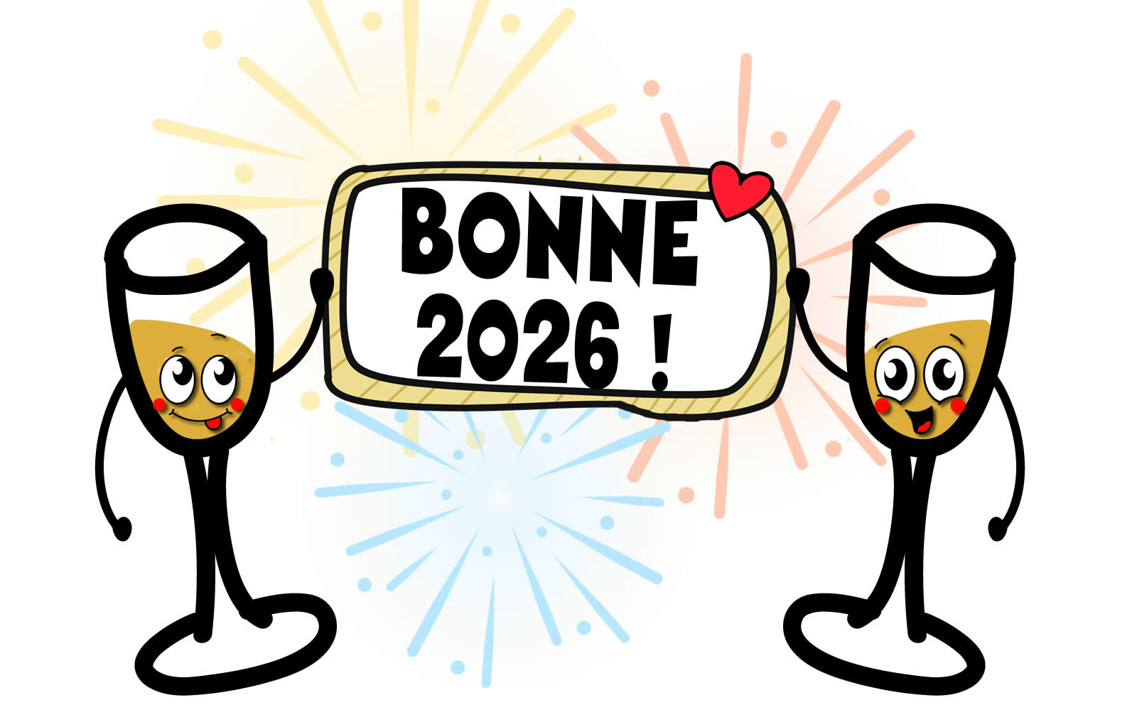 Image amusante avec deux verres pleins de champagne portant une pancarte avec les mots Bonne 2026