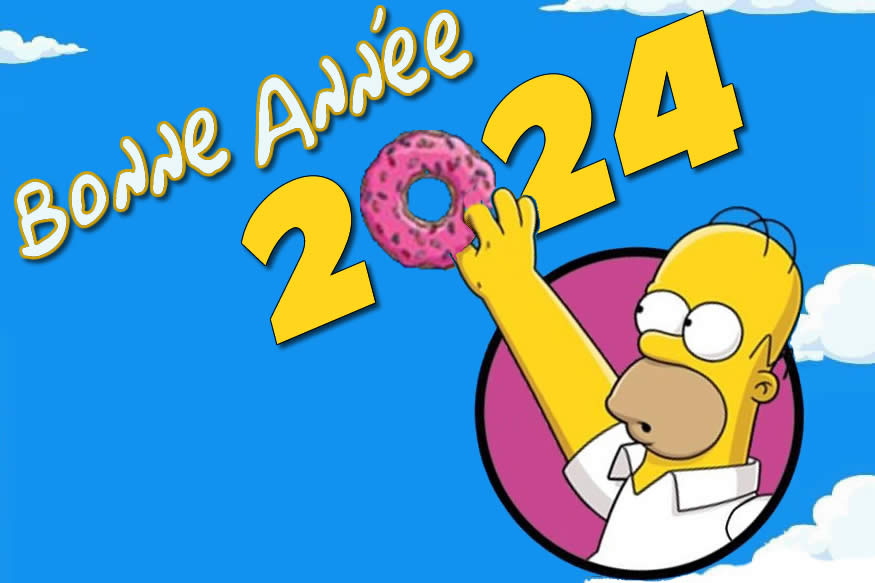 Image drôle avec Homer des Simpsons vole le zéro du nouvel an en forme de beignet